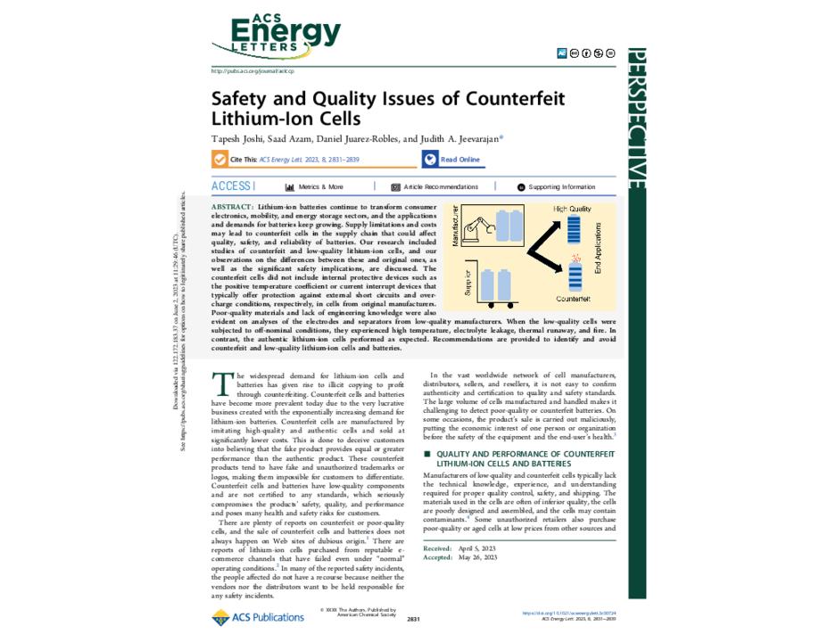 Safety and Quality Issues of Counterfeit Lithium-Ion Cells
